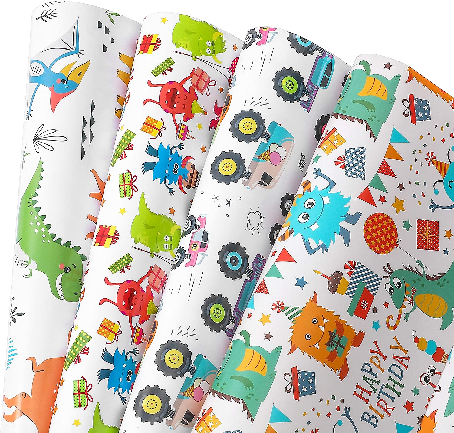 Birthday Gift Wrapping Paper for Boys Girls Kids - Dinosaur Monster Truck Gift  Wrap Paper for Baby Shower Party - 10 Sheets, 20 x 29 inch 
